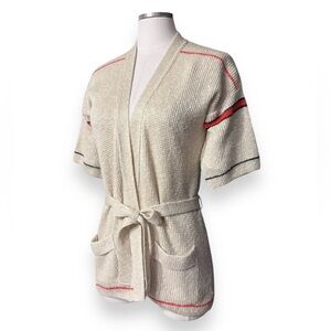 VINTAGE Beige Short Sleeve Striped Knit Belted Wrap Cardigan